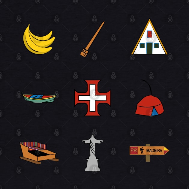 Madeira Island icons: Bananas, Poncha, Santana House, Fishing Boat, Cross, Folklore Hat, Toboggan Ride, Christ the Redeemer and Recommended Walking Route sign (PR) in colour by Donaby